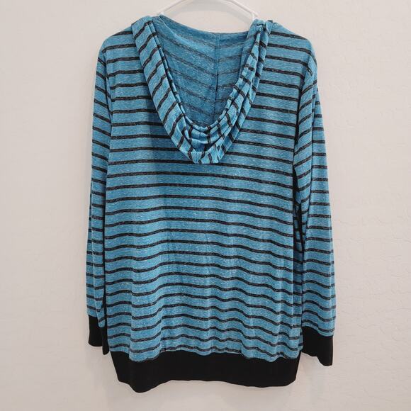 NWOT LA THREADS Blue & Black Striped Zipper Front Hoodie Top Women's Size 1X - Picture 2 of 8